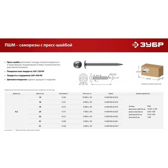 Саморез с пресс-шайбой Зубр ПШМ 51 х 4.2 мм цинк, 15.58 кг [4-300190-42-051] фотографии