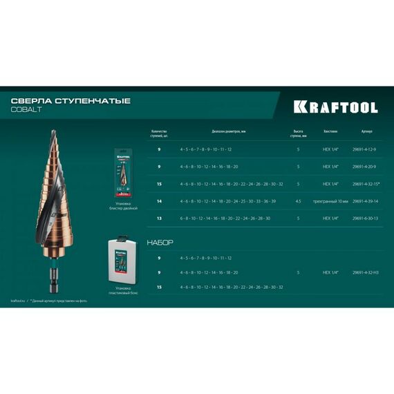 Сверло ступенчатое KRAFTOOL COBALT 4-20мм 9 ступеней, азотирование, винтовая спираль [29691-4-20-9] фотографии