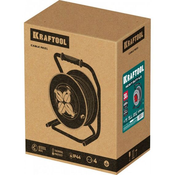 Силовой удлинитель на стальной катушке KRAFTOOL HEAVY DUTY КГ 3х2.5 30м 4000Вт IP44 [55086-30_z01] фотографии