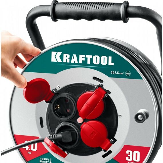 Силовой удлинитель на стальной катушке KRAFTOOL HEAVY DUTY КГ 3х2.5 30м 4000Вт IP44 [55086-30_z01] фотографии