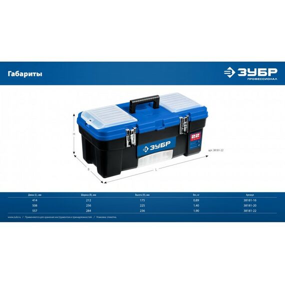 Пластиковый ящик для инструментов Зубр ДЕСНА-22 557 x 284 x 236 мм, 22" [38181-22] фотографии