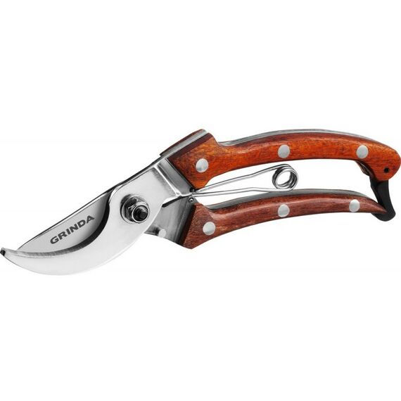 Цельнокованый компактный плоскостной секатор GRINDA PROLine P-17 195 мм, из нержавеющей стали, с деревянными рукоятками [423417] фотографии