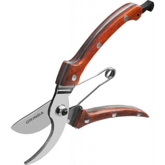 Цельнокованый компактный плоскостной секатор GRINDA PROLine P-17 195 мм, из нержавеющей стали, с деревянными рукоятками [423417] фотографии