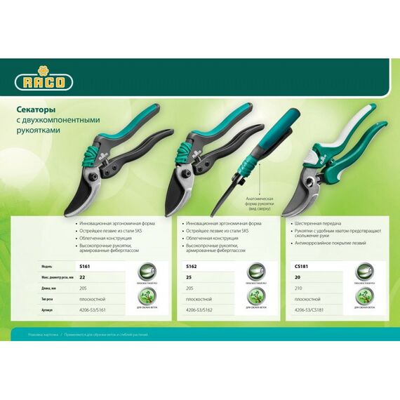 Плоскостной секатор RACO S162 205 мм, закаленная сталь, с двухкомпонентными рукоятками армированными фиберглассом [4206-53/S162] фотографии