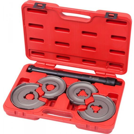Демонтажный инструмент: Стяжка амортизаторных пружин МАСТАК 100-01005C центральная, кованая, дисковые держатели, кейс, 5 предметов фотографии