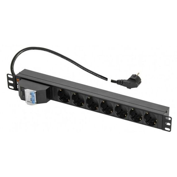 Шкафы и стойки: Блок электрических розеток TLK TLK-RSC07-MD-04-BK 19", 7 гнезд "евророзетка", 16A, двухполюсный автомат 16А, шнур питания 2 метра, "евровилка", сечение 3*1,5 мм2, металлический корпус, защита от детей, макс. мощность 4000 Вт, 490*44.4*44.4 мм фотографии