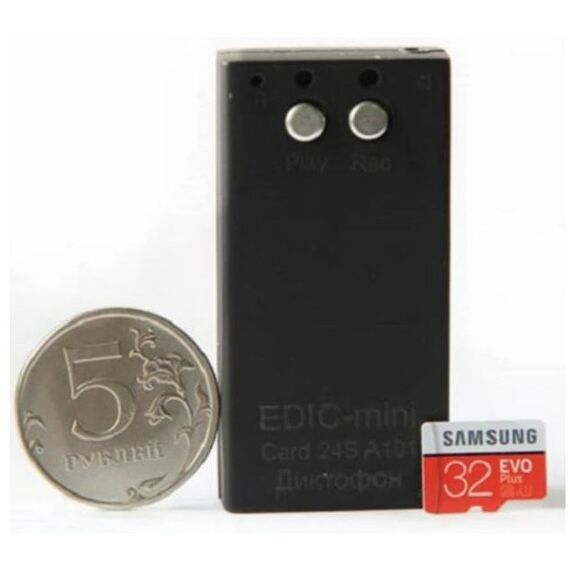 Цифровые диктофоны: Цифровой диктофон Edic-mini Card24S А101 Металл, размер 11*25*55мм, вес 30г, автономность до 100ч, аккумулятор, без OLED индикатора фотографии