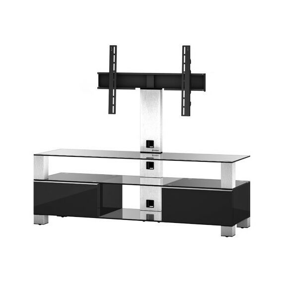 Тумбы и стойки для телевизоров: Стойка под телевизор Sonorous MD 8143-C-INX-BLK max ТВ 50кг,  1300х1400х440мм (ВхШхГ),   прозрачное стекло /  ножки стального цвета/ черные ящики фотографии