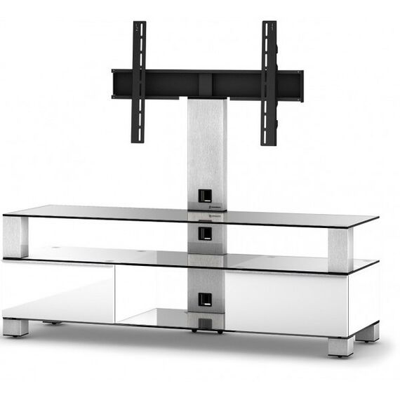 Тумбы и стойки для телевизоров: Стойка под телевизор Sonorous MD 8143-C-INX-WHT max ТВ 50кг,,  1300х1400х440мм (ВхШхГ),   прозрачное стекло /  ножки стального цвета/ белые ящики фотографии