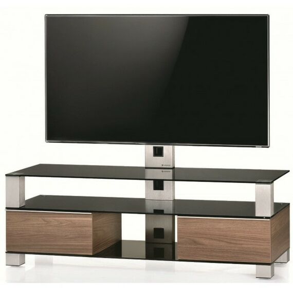 Тумбы и стойки для телевизоров: Стойка под телевизор Sonorous MD 8143-C-INX-WNT max ТВ 50кг, 1300х1400х440мм (ВхШхГ),   прозрачное стекло /  ножки стального цвета/ орех ящики фотографии