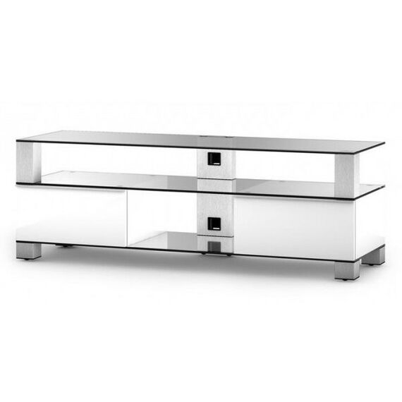 Тумбы и стойки для телевизоров: Стойка под телевизор Sonorous MD 9140-C-INX-WHT max нагрузка 80кг, 490х1400х440мм (ВхШхГ),    прозрачное стекло /  ножки стального цвета/ белые ящики фотографии