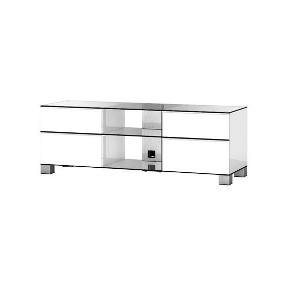 Тумбы и стойки для телевизоров: Стойка под телевизор Sonorous MD 9340-C-INX-WHT 3 полки, 4  ящика, max нагрузка 80кг,   490х1400х440мм (ВхШхГ),   прозрачное стекло /  ножки стального цвета/ белые ящики фотографии