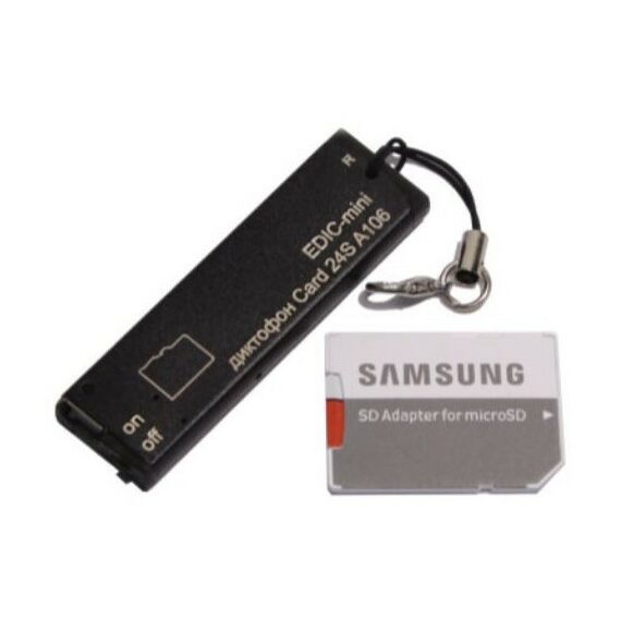 Цифровые диктофоны: Цифровой диктофон Edic-mini Card24S А106 металл, размер 5*17*57мм, вес 8г, автономность до 75ч, аккумулятор фотографии