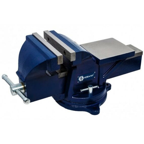 Тиски, струбцины, наковальни: Тиски слесарные Кобальт 245-985 поворотные, ширина губок 125 мм, захват 130 мм, 13 кг, наковальня, коробка фотографии