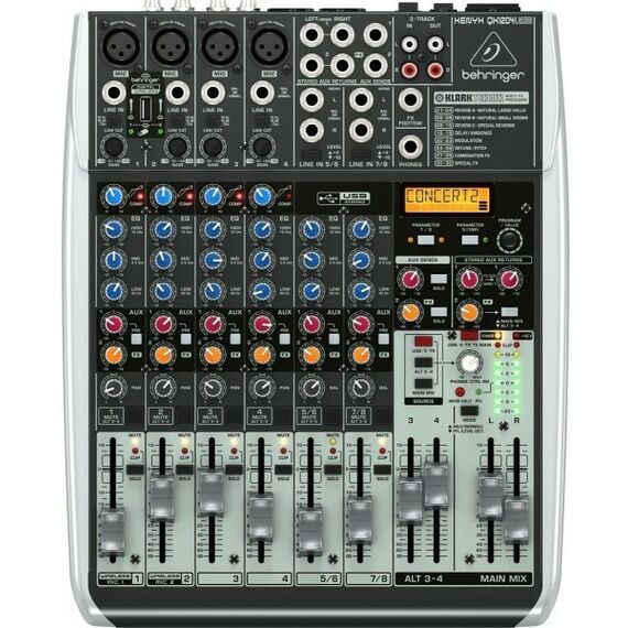 Микшерные пульты: Микшерный пульт Behringer XENYX QX1204USB с процессором эффектов Klark Teknik, 4 микрофонных входа с компрессорами,2 линейных стереопары, 60мм фейдеры, ПО Tracktion4 в комплекте фотографии
