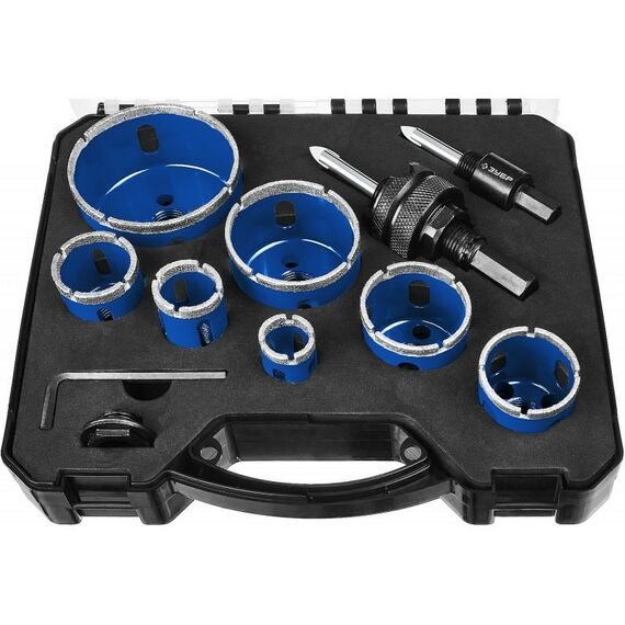 Наборы оснастки: Набор коронок алмазных с оснасткой Зубр Профессионал 29870-H7_z01 D=20, 25, 32, 35, 40, 50, 68 мм, 7 коронок фотографии