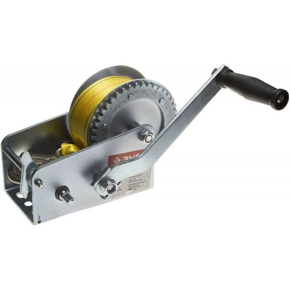 Лебедки, тали, тельферы: Лебедка ручная барабанная Зубр Профессионал 43115-0.9 тяговая, ленточная, 0.9т, 10м фотографии