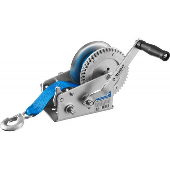 Лебедки, тали, тельферы: Лебедка ручная барабанная Зубр Профессионал 43115-1.1 тяговая, ленточная, 1.1т, 10м фотографии