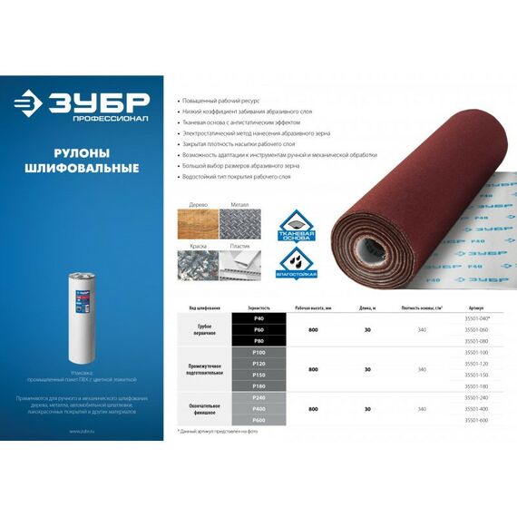 Шлифовка, зачистка: Рулон шлифовальный Зубр Профессионал Р240, 800 мм на тканевой основе, водостойкий, 30 м [35501-240] фотографии