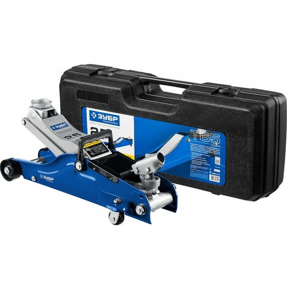 Домкраты: Подкатной домкрат Зубр Профессионал Т-65-K 2.5т, 90-360мм, с низким подхватом и поворотной ручкой в кейсе [43057-2.5-K] фотографии