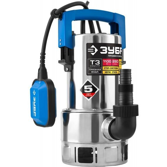 Насосы и насосные станции: Дренажный насос для грязной воды Зубр Профессионал НПГ-Т3-1100-С 1100 Вт, нерж. сталь фотографии