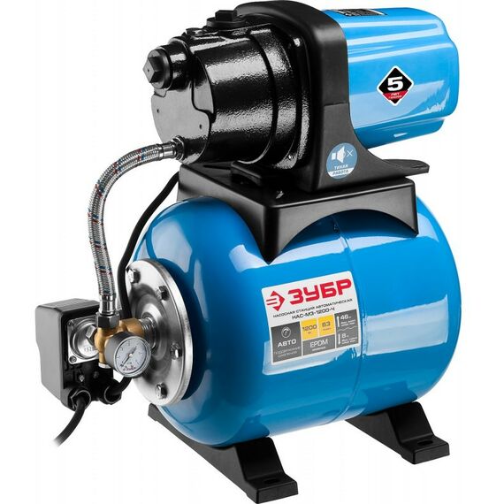 Насосы и насосные станции: Станция насосная автоматическая Зубр Мастер НАС-М3-1200-Ч 1200 Вт, пропускная способность 63 л/мин, напор 46 м, бак 20 л, корпус из чугуна фотографии