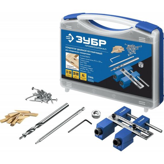 Принадлежности для электроинструмента: Кондуктор регулируемый Зубр 30081 для глухих отверстий, два отверстия, в кейсе фотографии