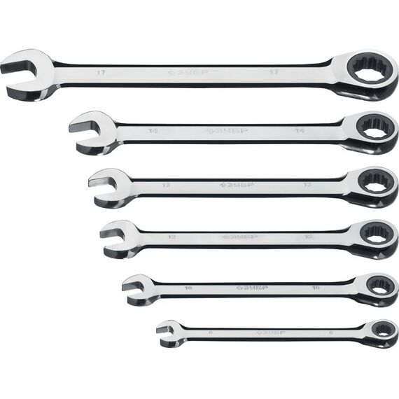 Наборы инструментов и ключи: Набор комбинированных гаечных ключей трещоточных Зубр 27074-H6_z01 6 шт, 8 - 17 мм фотографии