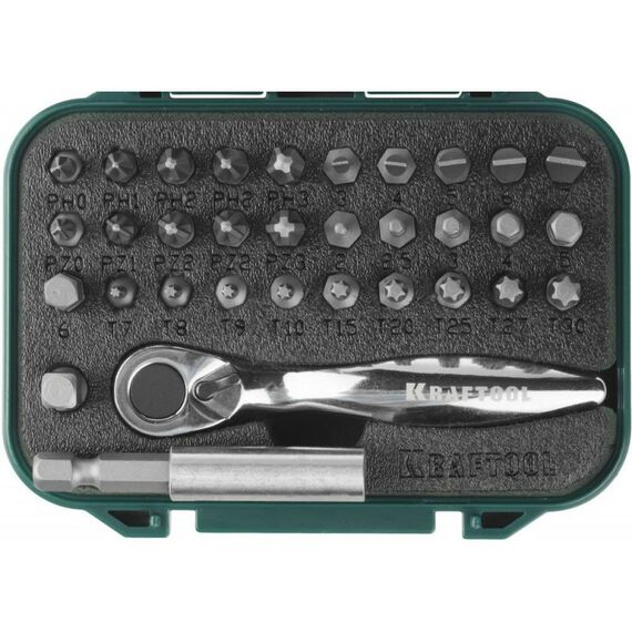 Наборы оснастки: Набор бит с мини трещоткой KRAFTOOL EXPERT 26157-H33 1/4", 33 предмета фотографии