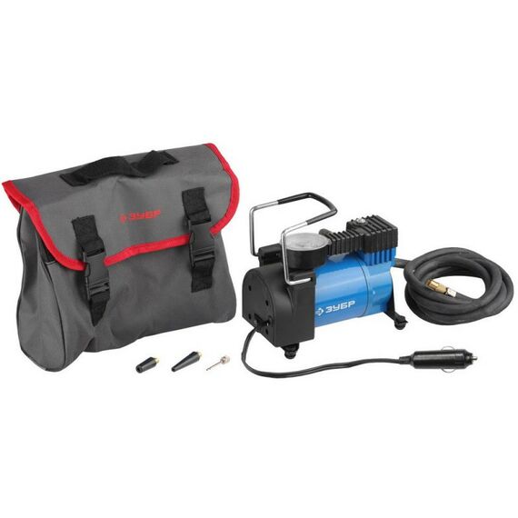 Компрессоры автомобильные: Компрессор автомобильный Зубр ЭКСПЕРТ 61127 давление 10 атм, длина провода 3 м, длина шланга 2 м, 3 насадки фотографии