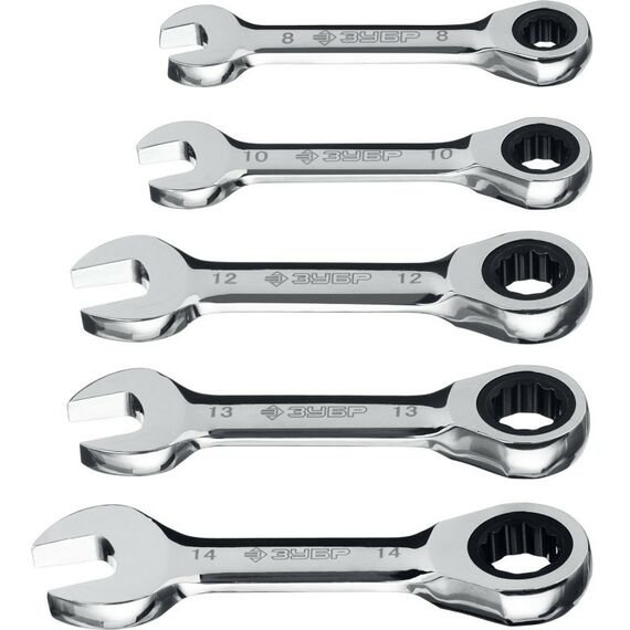 Наборы инструментов и ключи: Набор трещоточных комбинированных гаечных ключей укороченных Зубр 8 - 14 мм 5 шт [27103-H5] фотографии