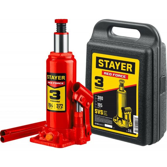 Домкраты: Домкрат бутылочный гидравлический в кейсе STAYER RED FORCE 3т 195-380мм [43160-3-K_z01] фотографии