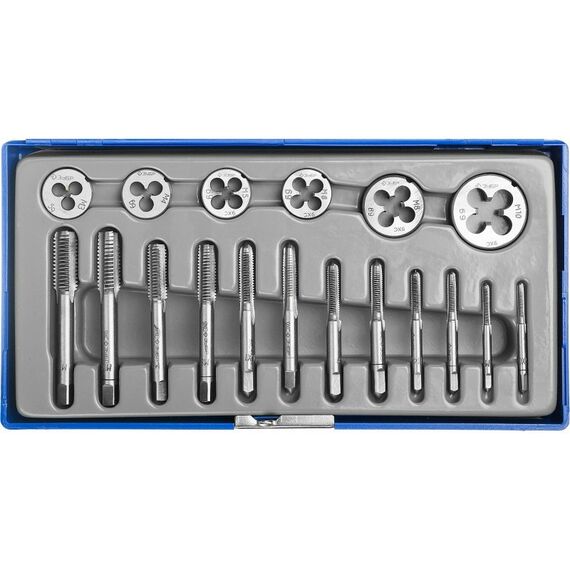 Метчики, плашки: Набор метчиков и плашек Зубр 28120-H18 18 предметов,  в пластиковом боксе, сталь 9ХС [28120-H18] фотографии