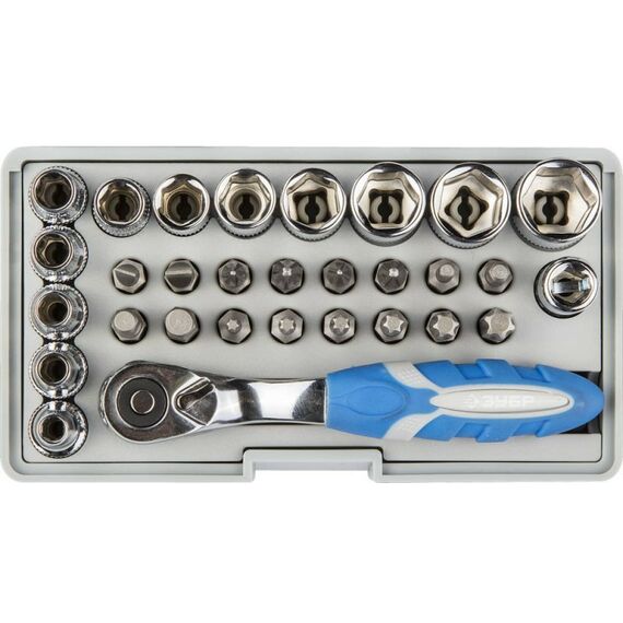 Наборы оснастки: Набор оснастки Зубр ЭКСПЕРТ 26054-H31 биты 16шт, торцов головки с мини трещоткой 12шт, адаптер для бит SQ 1/4"хHex 1/4", удлинит 1/4"/80мм фотографии