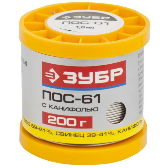 Паяльное оборудование: Припой Зубр ПОС 61 1мм трубка с канифолью, 200г [55450-200-10C] фотографии