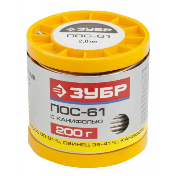 Паяльное оборудование: Припой Зубр ПОС 61 2мм трубка с канифолью, 200г [55450-200-20C] фотографии