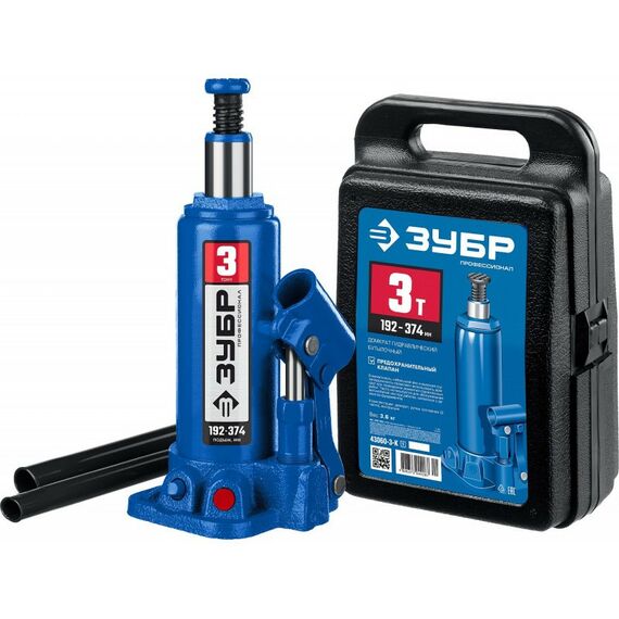 Домкраты: Домкрат бутылочный гидравлический Зубр Профессионал 3т 192-374мм в кейсе [43060-3-K_z01] фотографии