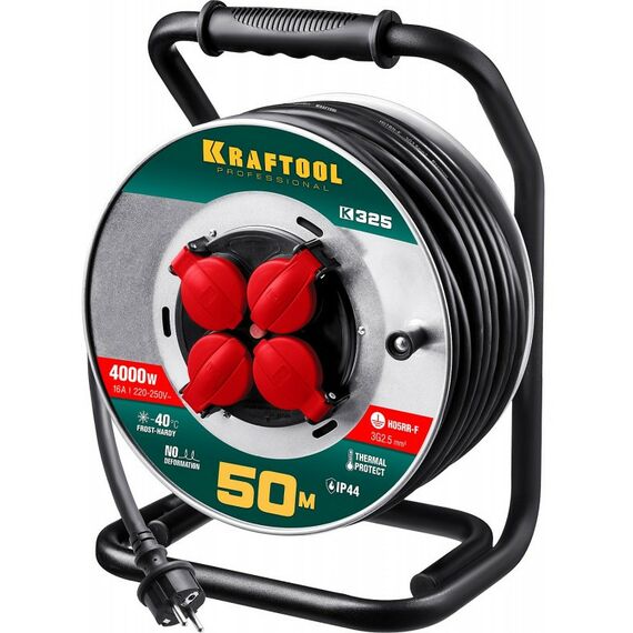 Удлинители электрические: Силовой удлинитель на стальной катушке KRAFTOOL K-325 КГ 3х2.5 50м 4000Вт IP44 [55086-50] фотографии