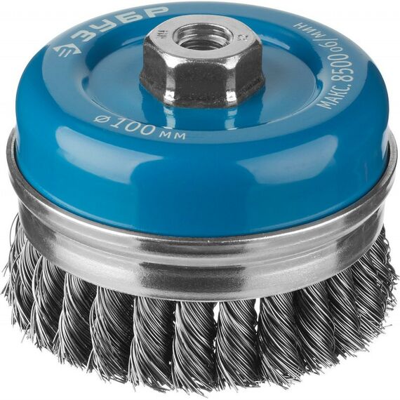 Шлифовка, зачистка: Щетка чашечная усиленная для УШМ Зубр Профессионал 100ммхМ14 плетеные пучки стальной проволоки 0.5мм [3527-100] фотографии