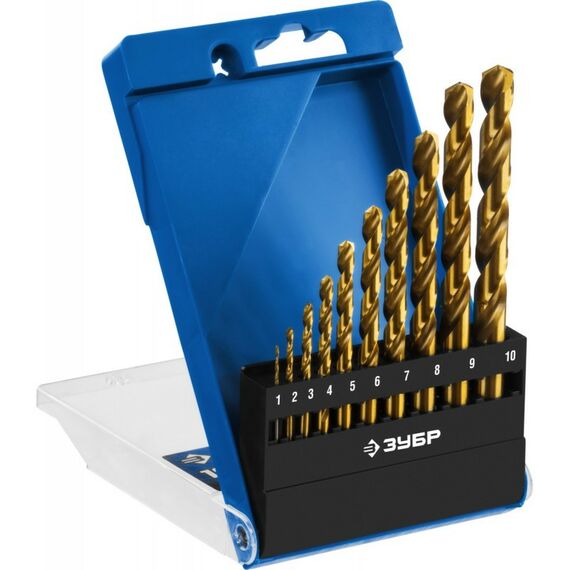 Буры, пики, коронки, сверла: Набор сверл по металлу Зубр ТИТАН 29615-H10 10шт(1-10мм), сталь Р6М5, класс А, титановое покрытие фотографии