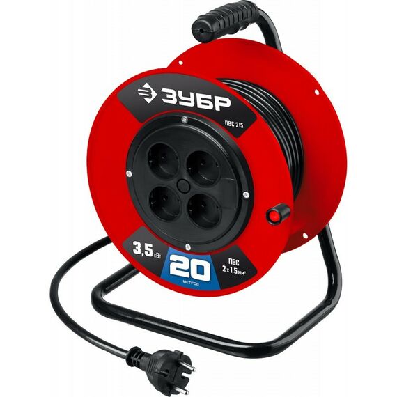 Удлинители электрические: Силовой удлинитель на катушке Зубр ПВС 215 ПВС 2х1.5 20м 3500Вт [55103-20] фотографии