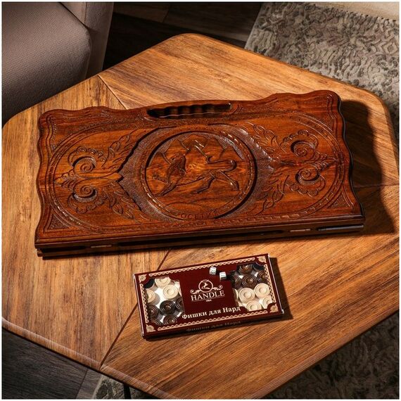 Настольные игры:  Нарды ручной работы "Горы", глубокая резка, с ручкой, 60х30 см, с шахматным полем, массив ореха, Армения фотографии