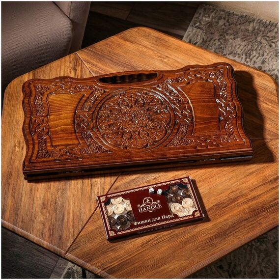 Настольные игры:  Нарды ручной работы "Узор", глубокая резка, с ручкой, 60х30 см, с шахматным полем, массив ореха, Армения фотографии