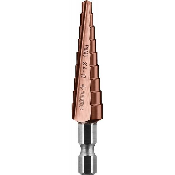 Буры, пики, коронки, сверла: Сверло ступенчатое Зубр Профессионал КОБАЛЬТ 4-12мм 9 ступеней, кобальтовое покрытие [29672-4-12-9] фотографии