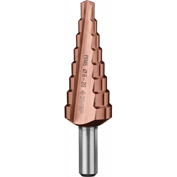 Буры, пики, коронки, сверла: Сверло ступенчатое Зубр Профессионал КОБАЛЬТ 6-20мм 8 ступеней, кобальтовое покрытие [29672-6-20-8] фотографии