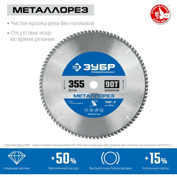 Пильные и алмазные диски: Диск пильный по металлу и металлопрофилю Зубр Металлорез 355х25.4мм 90Т [36932-355-25.4-90] фотографии