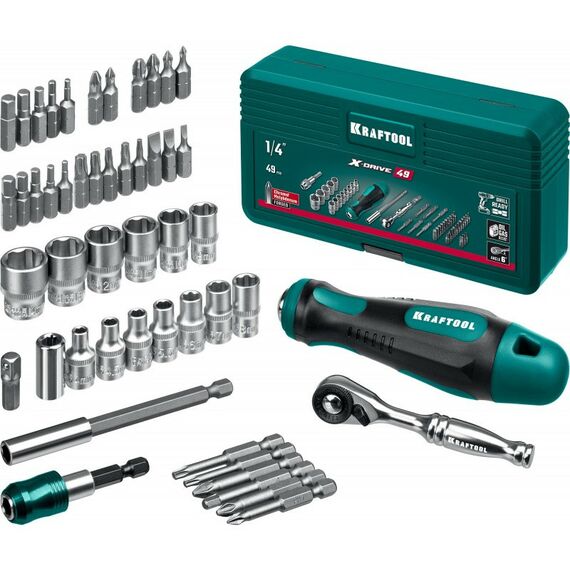 Наборы оснастки: Набор бит и головок с битодержателем и трещоткой KRAFTOOL X-Drive 49 шт [25816] фотографии