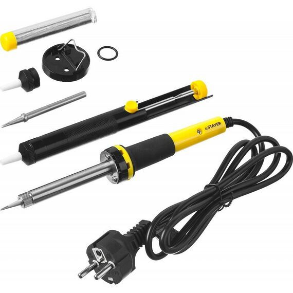 Паяльное оборудование: Набор для паяльных работ STAYER PROTerm 60Вт с 2К рукояткой, конус подставка + припой + сменное жало + оловоотсос + сменная насадка [55313-60-H6] фотографии