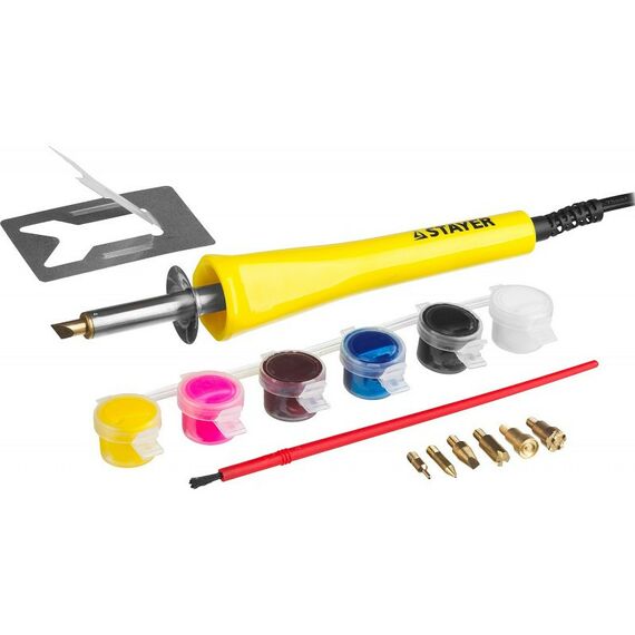 Паяльное оборудование: Прибор для выжигания и пайки STAYER MAXTerm 30Вт 2в1 в наборе: 7 насадок + краски [45220] фотографии