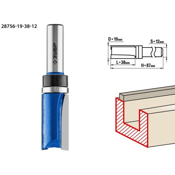 Принадлежности для фрезерных станков: Фреза пазовая прямая с верхним подшипником Зубр 19x38мм хвостовик 12мм [28756-19-38-12] фотографии
